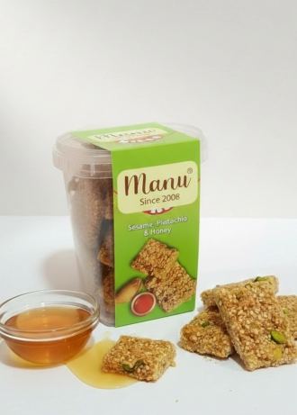 sesame bites with pistachio, honey, sesame brittle, special, manu crocant, industrial, production, wholesale