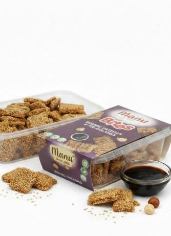 sesame bites with hazelnut, honey, sesame brittle, special, manu crocant, industrial, production, wholesale